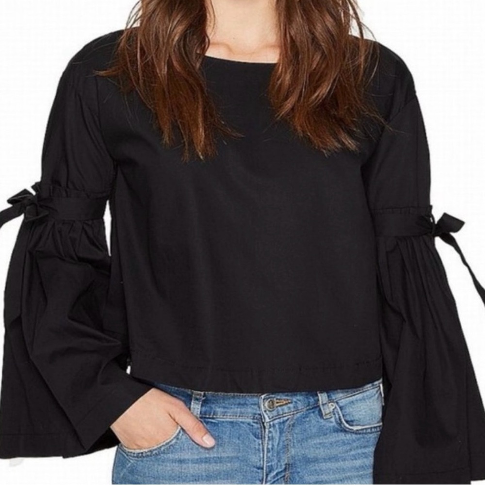 Free People Black So Obviously Yours Classic Poplin Cotton Bell Sleeve Blouse